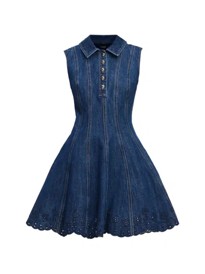 Self-portrait Paneled Broderie Anglaise Denim Mini Dress In Blue