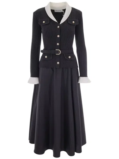 Self-portrait Contrast Collar Belted Knit Midi Dress In Black
