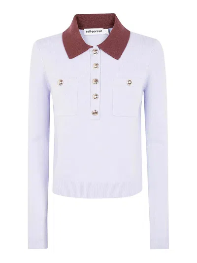 Self-portrait Knit Top Contrasting Collar Front Pockets In Blue