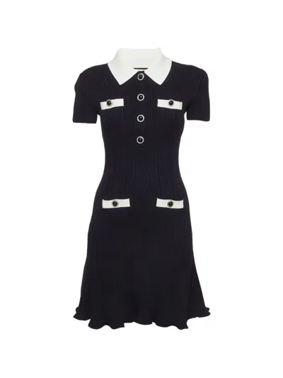Pre-owned Self-portrait Contrast Collar Rib-knit Mini Dress In Blue