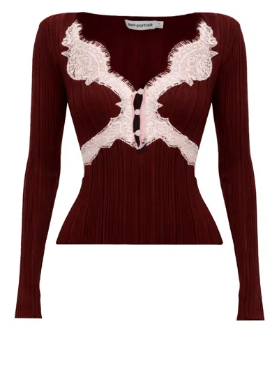 Self-portrait Contrast Lace Knit Top In Burgundy