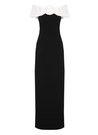 Self-portrait Off-the-shoulder Open-back Faille-trimmed Crepe Maxi Dress In Black