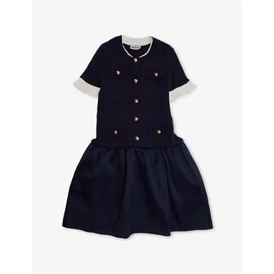 Self-portrait Kids' Contrast-trim Stretch-knit And Taffeta Mini Dress 4-12 Years Navy In Black