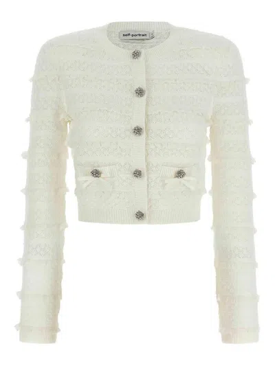 Self-portrait Pointelle Diamante Cardigan In White