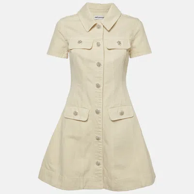 Pre-owned Self-portrait Cream Denim Collared Mini Dress S In White