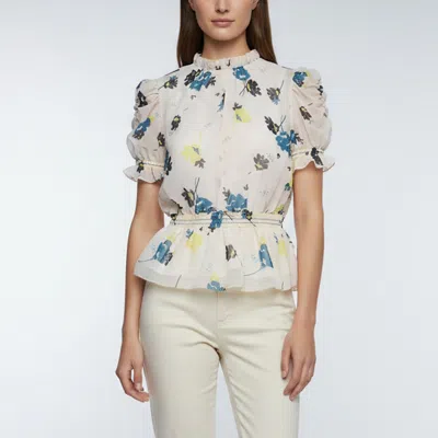 Pre-owned Self-portrait Cream Floral Print Chiffon Peplum Blouse M In White