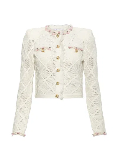 Self-portrait Embellished Fringed Crochet Cardigan In Neutral