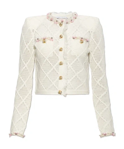 Self-portrait Cream Fringe Knit Cardigan In White
