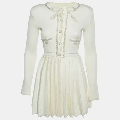 Pre-owned Self-portrait Cream Knit Bow Embellished Pleated Mini Dress S In White
