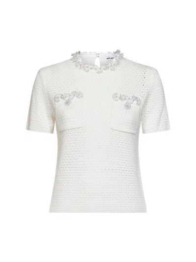 Self-portrait Cream Openwork Knit Top With Bead Embroidery In White