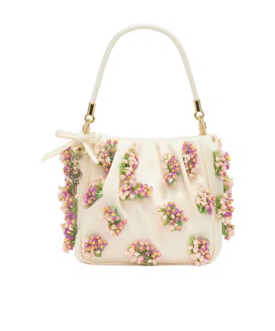 Self-portrait Cream Satin Floral Beaded Tote Bag In Multi