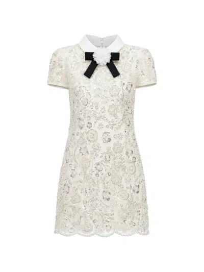 Self-portrait Cream Sequin Embellished Mini Dress With Point Collar In White
