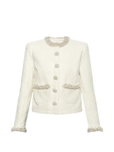Self-portrait Cream Textured Denim Jacket In Neutral