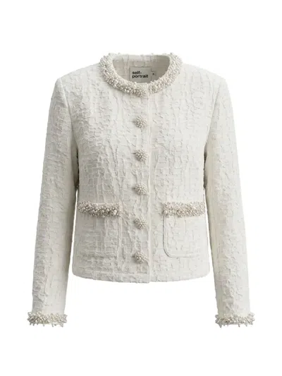 Self-portrait Cream Textured Denim Jacket In White