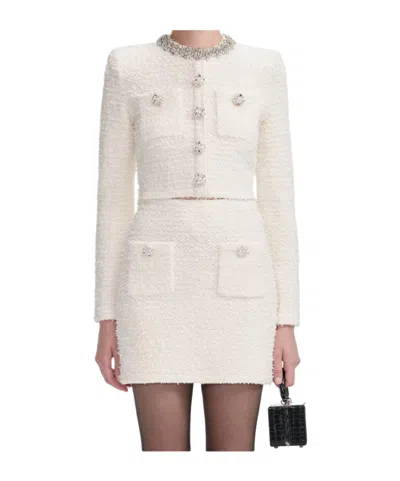 Self-portrait Cream Textured Knit Cardigan In White