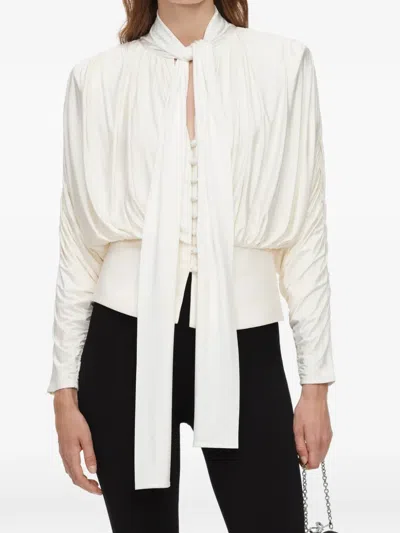 Self-portrait -inspired Pussy Bow Button-front Shirt With Removable Shoulder Pads In Bianco