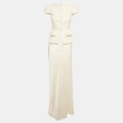 Pre-owned Self-portrait Cream Tweed And Satin Boucle Bow Detail Maxi Dress S