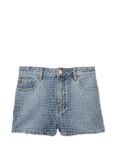 Self-portrait Croc Effect Denim Shorts In Blue