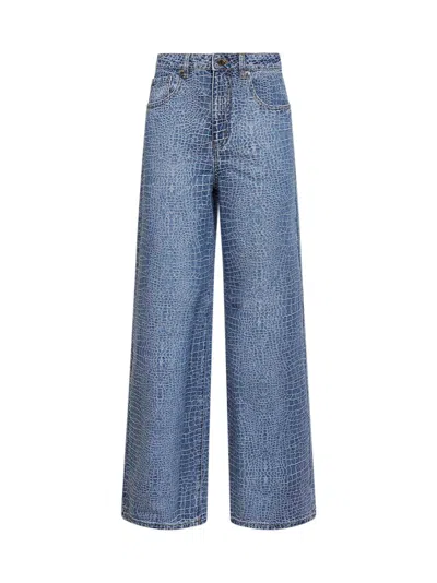 Self-portrait Croc-effect Rhinestone Jeans In Blue