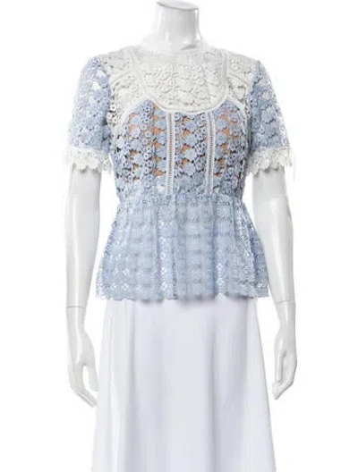 Pre-owned Self-portrait Crochet Colorblock Pattern Blouse In Blue