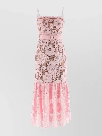 Self-portrait Crochet Lace Midi Dress Belted Ruffle In Pink