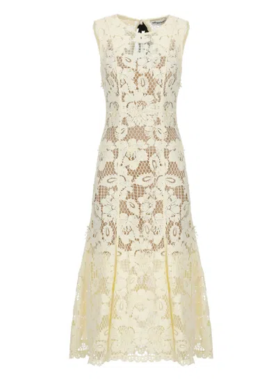Self-portrait Crochet Lace Midi Dress With Floral Relief And Flared Hem In Neutral