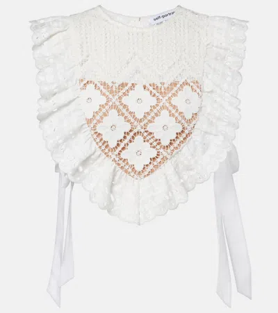 Self-portrait Crochet Ruffled Crop Top In White