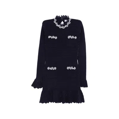 Self-portrait Back Hook-and-eye Mini Dress With Embellished Trims And Pockets In Blue