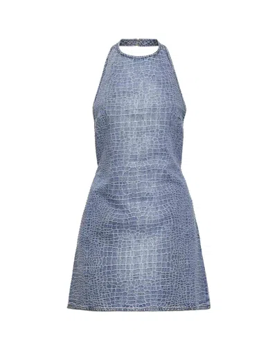 Self-portrait Crocodile Denim Mini Dress In Blue