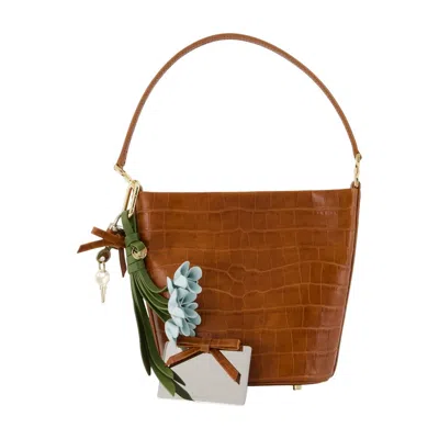 Self-portrait Crocodile-embossed Calfskin Bucket Bag In Brown
