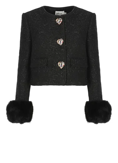 Self-portrait Cropped Black Jacket With Hidden Closure And Decorative Heart Buttons