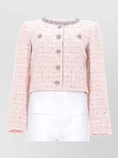 Self-portrait Cropped Boucle Jacket Sequin Neckline Detail In Pink
