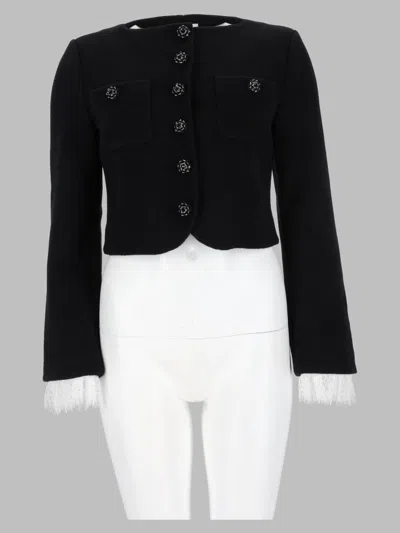 Self-portrait Cropped Button-front Jacket With Fringe Trim In Black