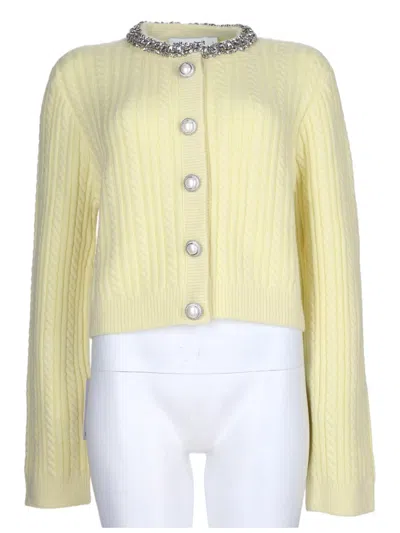 Self-portrait Cropped Cable Knit Sweater With Decorative Chain Detail In Yellow