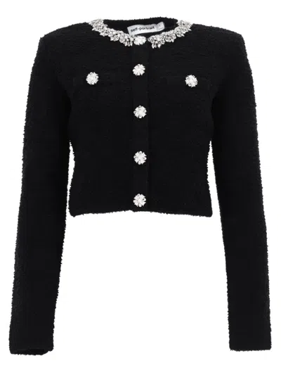 Self-portrait Cropped Crystal-embellished Cotton-blend Bouclé Cardigan In Black