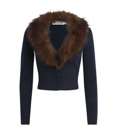 Self-portrait Cropped Faux Fur-trim Cardigan In Navy
