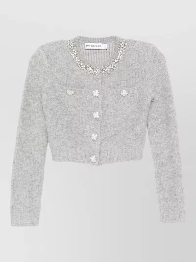 Self-portrait Crystal-button Knit Cardigan With Front Snap Closure In Brown