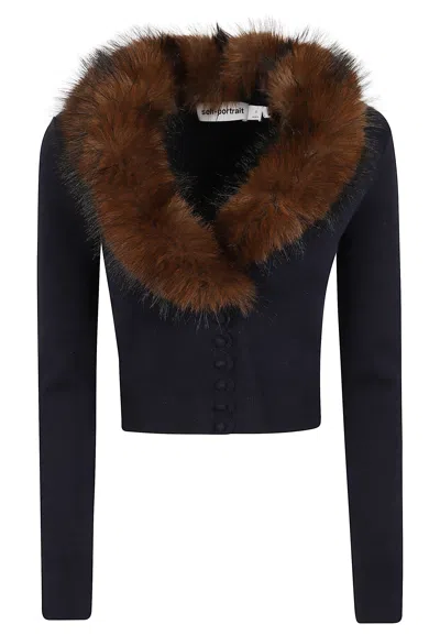Self-portrait Cropped Knit Cardigan With Removable Faux Fur Collar In Blue