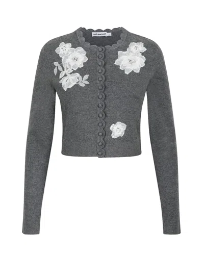Self-portrait Cropped Lace Wool-blend Cardigan In Gray