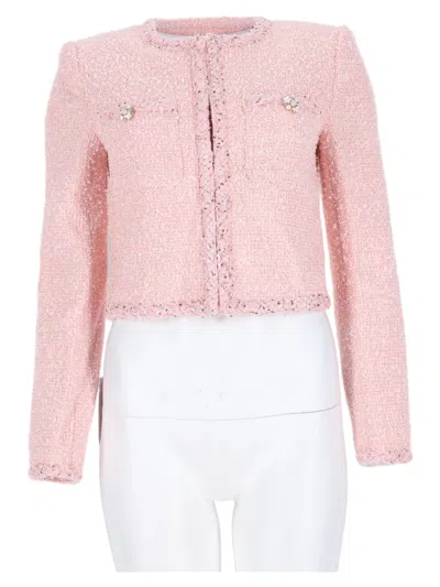 Self-portrait Cropped Textured Boucle Jacket With Decorative Button Accents In Multi
