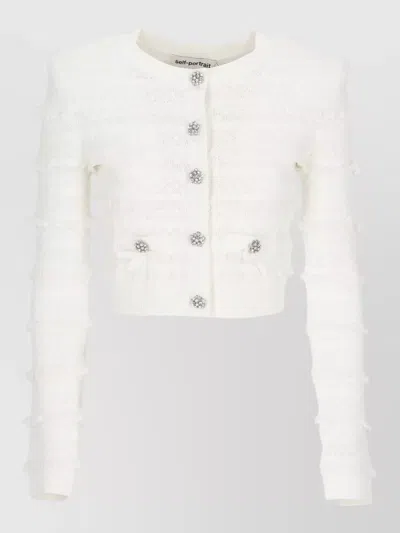 Self-portrait Cropped Textured Cardigan Bows Jewel Pockets In White