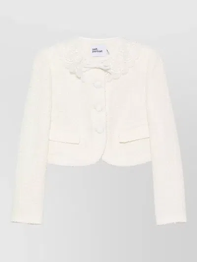 Self-portrait Cropped Textured Jacket Bow Detail Pockets In White