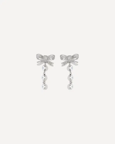 Self-portrait Crystal Bow And Pearl Drop Earrings In Metallic