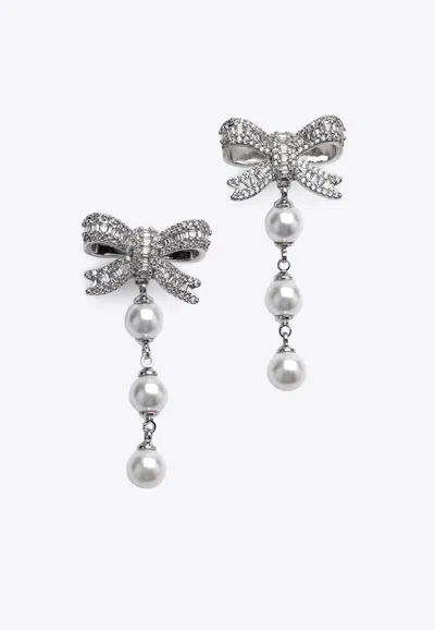 Self-portrait Silver-tone Bow Mini Drop Earrings With Faux Crystal Droplets In Metallic