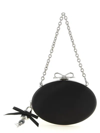 Self-portrait Crystal Bow Clasp Satin Oval Clutch In Black