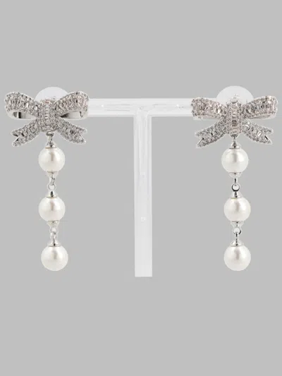 Self-portrait Silver-tone Bow Mini Drop Earrings With Faux Crystal Droplets In Metallic