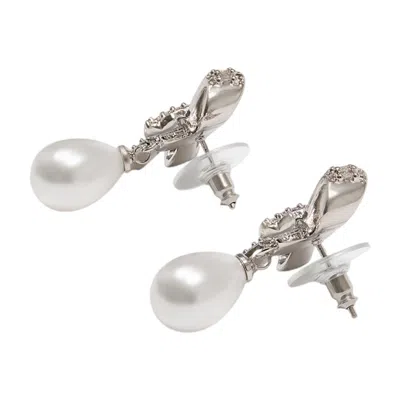 Self-portrait Crystal Bow Pearl Drop Earrings In Silver