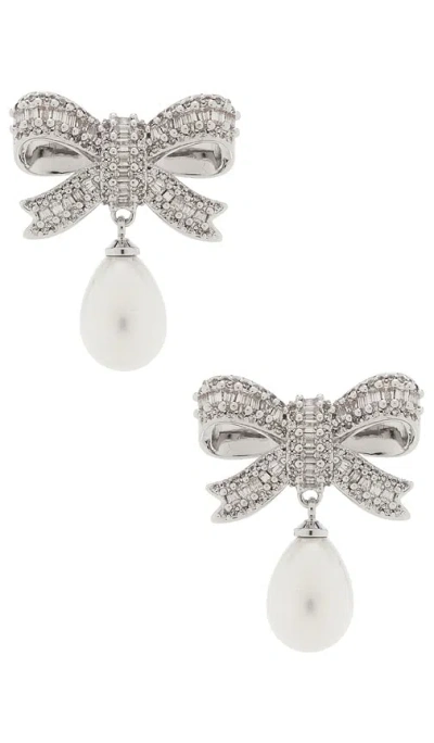 Self-portrait Crystal Bow Pearl Droplet Earrings In Silver