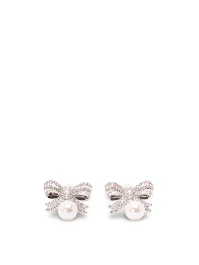 Self-portrait Crystal Bow Pearl Droplet Earrings In Silver
