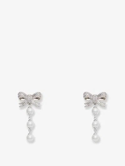 Self-portrait Crystal Bow Pearl Droplet Earrings In Metallic